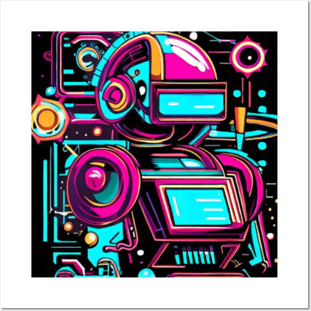 A piece that incorporates both retro and futuristic elements, such as robots and neon colors with a vintage twist. Wall Art by maricetak